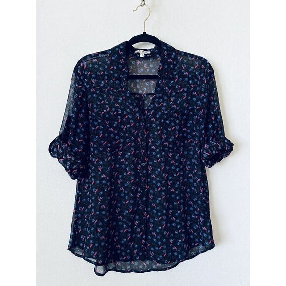 Express Portofino Shirt Womens Medium Floral Sheer Long Sleeves Black Boho - Picture 4 of 7